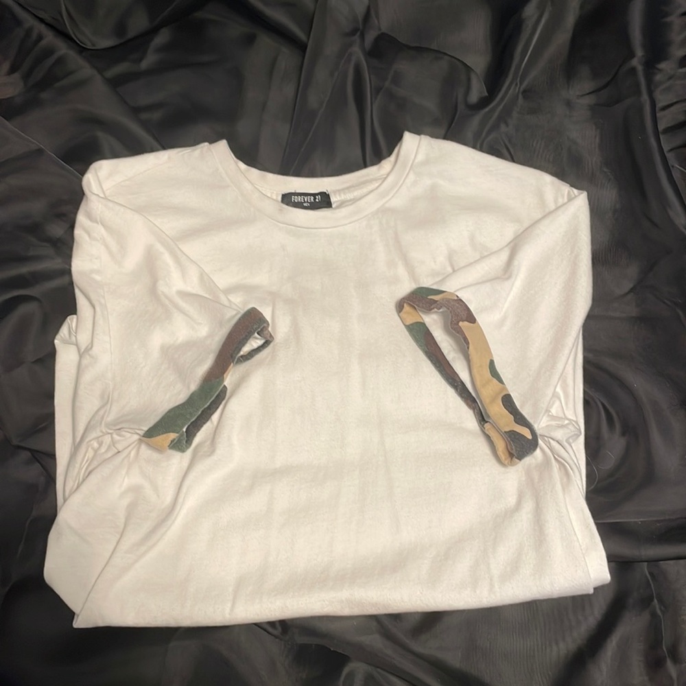Forever 21 White Tee with Camo Cuffs